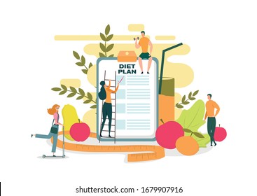 Diet Plan Concept. Big Tablet Screen with Checkmark, Large Glass with Juice and Straw. Woman on Ladder with Pencil Putting Tick, Fruit. People Doing Exercise, Different Activity Vector Illustration.