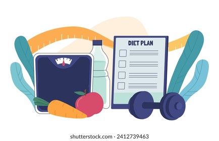 Concepto de plan de dieta. Zanahoria y manzana cerca de pesos y botella de agua. Estilo de vida activo y deportivo. Nutrición y entrenamiento, entrenamiento. Planificación de la comida. Dibujo vectorial plano de dibujos animados