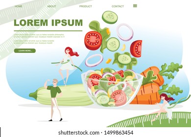 Diet plan concept with full bowl of vegetable salad and people around cartoon character design flat vector illustration