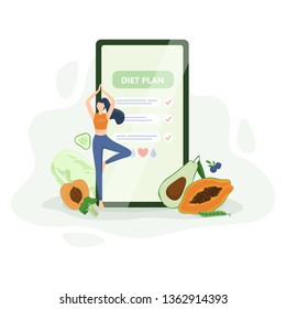 Diet plan concept. Idea of healthy nutrition and calories measuring. Weight loss, obesity prevention. Vector illustration in cartoon style