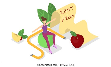 Diet plan concept. Nutriotion control and healthy food, physical activity. How to get in fit. Woman training with measuring tape around. Isolated vector isometric illustration