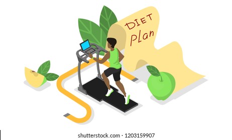 Diet plan concept. Nutriotion control and healthy food, physical activity. How to get in fit. Man training on treadmill with measuring tape around. Isolated vector isometric illustration