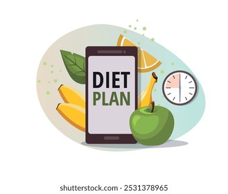Concepto de plan de dieta en el teléfono. Plátano, manzana y reloj en el fondo