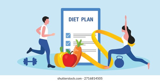 Concepto de plan de dieta. Las Personas hacen correr y montar a caballo y comer alimentos saludables para la alimentación dietética, la planificación de comidas, el estilo de vida saludable y la Ilustración vectorial de nutrición