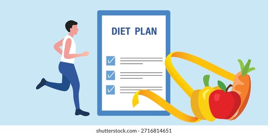 Conceito de plano de dieta. As pessoas jogging e equitação e comer alimentos saudáveis para alimentação dietética, planejamento de refeições, estilo de vida saudável e ilustração do vetor de nutrição