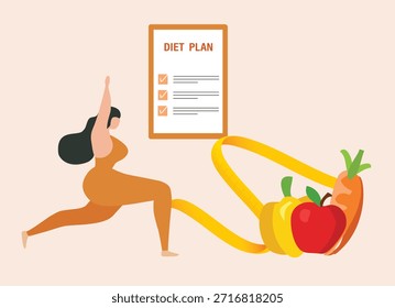 Concepto de plan de dieta. Las Personas hacen correr y montar a caballo y comer alimentos saludables para la alimentación dietética, la planificación de comidas, el estilo de vida saludable y la Ilustración vectorial de nutrición

