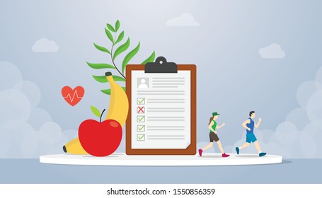 diet plan concept with people running health with healthy food fruit banana and apple -  vector