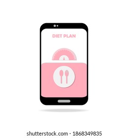 Diet plan concept. Smartphone and application of diet plan or lose weight with pink weight scale, spoon and fork on plate. wallpaper or banner for healthcare. 