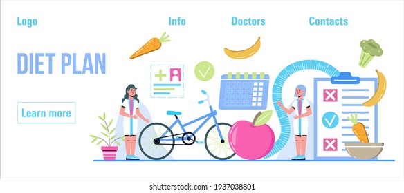 Diet plan concept vector. Nutrition diet, weight-management, individual dietary planning. Organic fruits, bike, sport activity for  weight loss program in healthy life style.