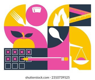 Diet plan decoration and Healthy Eating in style of abstract geometric pattern. Planning of healthy nutrition with thematical picture - isolated vector flyer or layout template