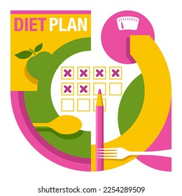 Diet plan decoration in style of abstract geometric pattern. Planning of healthy nutrition with thematical picture - isolated vector flyer or layout template