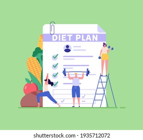 Diet plan. Сoncept of fitness marathon, proper nutrition, healthy food, weight management, beautiful body, individual dietary service, vegetables, slimming. Vector illustration in flat design