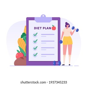 Diet plan. Сoncept of fitness marathon, proper nutrition, healthy food, weight management, beautiful body, individual dietary service, vegetables, slimming. Vector illustration in flat design