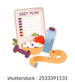 Diet plan with healthy eating and fitness. Flat illustration of food, dumbbells and measuring tape isolated on white background. Nutritionist concept.