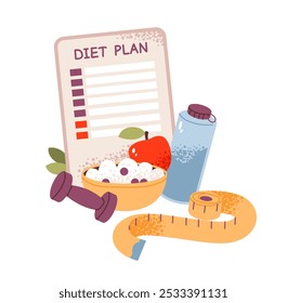 Plano de dieta com alimentação saudável e fitness. Ilustração plana de alimentos, halteres e fita métrica isolada no fundo branco. Conceito nutricionista.