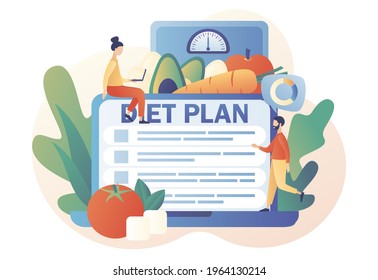 Diet plan with healthy food with vegetables, fruit and physical activity on website. Nutrition diet. Healthy lifestyle. Nutritionist online. Modern flat cartoon style. Vector illustration