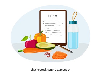 Diet plan. Healthy lifestyle planning, weight loss diets. Healthy foods, fruits, vegetables, salmon. List with hand drawn text. Colored flat Vector illustration isolated on blue background.