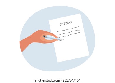 Diet plan. Human Hand making List. Healthy lifestyle planning, weight loss diets. List with hand drawn text. Colored flat Vector illustration isolated on blue background. Diet plan concept for banner.