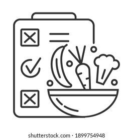 Diet plan icon vector in outline style. Planer with notes and a bowl of vegetables and fruits. Cauliflower, carrot, banana are shown. Organizer for healthy food.