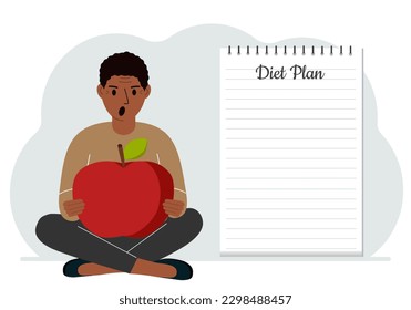 Diet plan illustration. A man sits cross-legged and holds a large red apple. The concept of diet food, meal planning, nutrition consultation.
