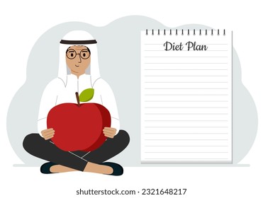 Diet plan Illustration. Ein Mann sitzt gekreuzt und hat einen großen roten Apfel. Das Konzept der Ernährung, Essensplanung, Ernährungsberatung. Vektorgrafik