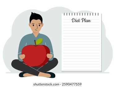 Diet plan illustration. A man sits cross-legged and holds a large red apple. The concept of diet food, meal planning, nutrition consultation. Vector flat illustration