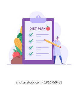 Diet plan illustration. Nutritionist doctor planning diet with fruit and vegetable. Concept of dietary eating, meal planning, nutrition consultation, healthy food. Vector illustration for web design