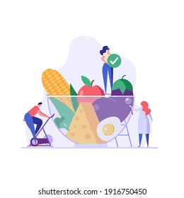 Diet plan illustration. People exercising and doing fitness. Doctor planning diet with vegetable. Concept of dietary eating, meal planning, nutrition consultation. Vector illustration for web design