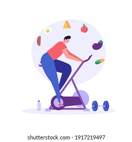 Diet plan illustration. People exercising and doing fitness. Man planning diet with vegetable. Concept of dietary eating, meal planning, nutrition consultation. Vector illustration for web design