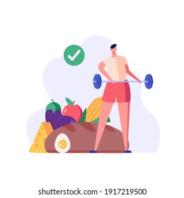 Diet plan illustration. People exercising and doing fitness. Man planning diet with vegetable. Concept of dietary eating, meal planning, nutrition consultation. Vector illustration for web design