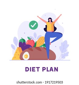 Diet plan illustration. People exercising and doing fitness. Woman planning diet with vegetable. Concept of dietary eating, meal planning, nutrition consultation. Vector illustration for web design