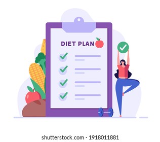 Diet plan illustration. People exercising and doing fitness. Woman planning diet with vegetable. Concept of dietary eating, meal planning, nutrition consultation. Vector illustration for web design