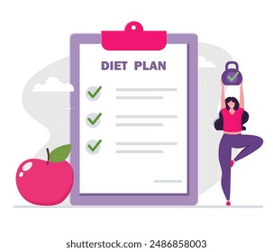 Diet plan illustration. People training and doing sports and fitness.