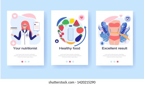 Diet plan illustration set, concept for web banners, landing pages, presentations, posters, advertising. Nutritionist treats obesity, bottle of water in circle fruits, girl lost weight.