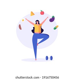 Diet plan illustration. Woman exercising and planning diet with fruit and vegetable. Concept of dietary eating, meal planning, nutrition consultation, healthy food. Vector illustration for web design