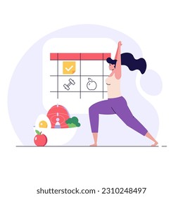 Diet plan illustration. Woman planning diet with calendar and fresh vegetable. Meal plan, nutrition consultation, balance diet. People control weight. Vector flat cartoon design for web banners, UI