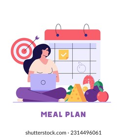 Diet plan illustration. Woman planning diet with calendar and fresh vegetable. Meal plan, nutrition consultation, balance diet. People control weight. Vector flat cartoon design for web banners, UI