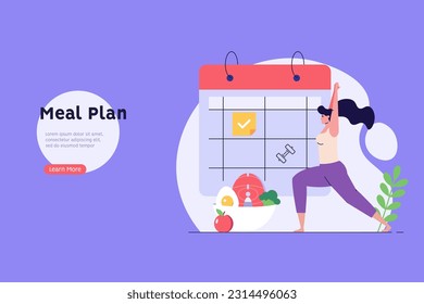 Ilustración del plan dietético. Las mujeres planean la dieta con calendario y verduras frescas. Plan de comidas, consulta nutricional, dieta equilibrada. La gente controla el peso. Diseño de dibujos animados planos vectores para banners web, UI