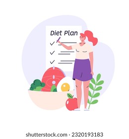 Ilustración del plan dietético. Las mujeres planean la dieta con calendario y verduras frescas. Plan de comidas, consulta nutricional, dieta equilibrada. La gente controla el peso. Diseño de dibujos animados planos vectores para banners web, UI