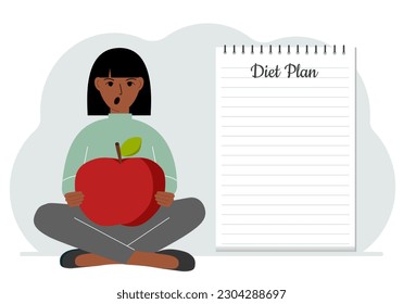 Diet plan illustration. A woman sits cross-legged and holds a large red apple. The concept of diet food, meal planning, nutrition consultation. Vector flat illustration