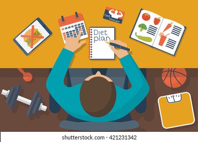 Diet plan. Man behind the desk planning diet, healthy lifestyle. Healthy eating, exercise. Concept of health and strength. Vector illustration flat design. Sports equipment, studying healthy foods.
