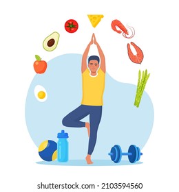 Diet plan. Man doing  exercise and planning diet with fruit and vegetable. Guy doing yoga. Dietary eating, meal planning, nutrition consultation, healthy food, sport. Health lifestyle, fitness