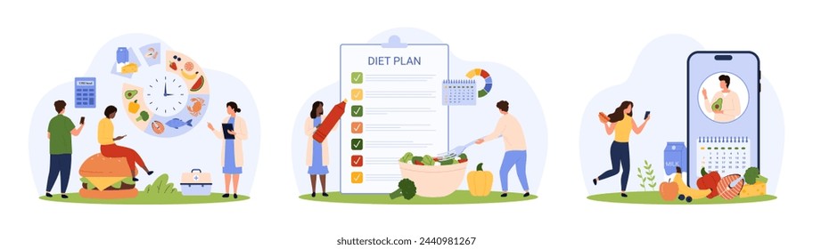 Diet plan management, healthy nutrition program set. Tiny people control food calories with meals planner mobile app, online advices of weight loss expert and dietitian cartoon vector illustration