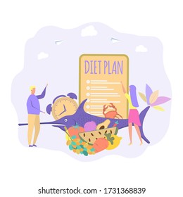 Diet plan. Diet menu. Proper nutrition, healthy eating, slimming concept. Colorful vector illustration.