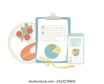 Diet plan. Nutrient counting checklist program. Healthy food meal tracking concept. Weight loss control. Vector flat illustration isolated.