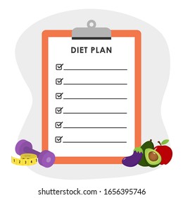 Diet plan on clipboard with copy space for text, dumbbell, measuring tape, fruits and vegetables. Weight loss, healthy lifestyle and nutrition concept. Flat style vector illustration.