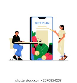 Diet Plan On Smartphone With Male Client And Female Nutritionist In Flat Vector Illustration Symbolizing Healthy Eating, Diet Planning, And Wellness, Isolated On White Background