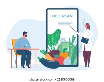 Diet Plan Online, Dietitian Give Advice To Get Fit. Application For Nutrition Diet, Nutritionist Online, Vector Illustration