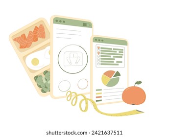 Diet plan program concept. Calories counting and ratio of protein, carbohydrates and fat. Weight loss control. Wellbieng and healthy lifestyle tracking concept. Vector flat illustration.
