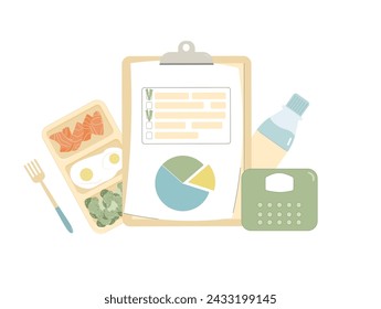 Diet plan program. Nutrient calories counting and ratio of protein, carbohydrates and fat. Healthy lifestyle tracking planer. Weight loss control. Vector flat illustration.
